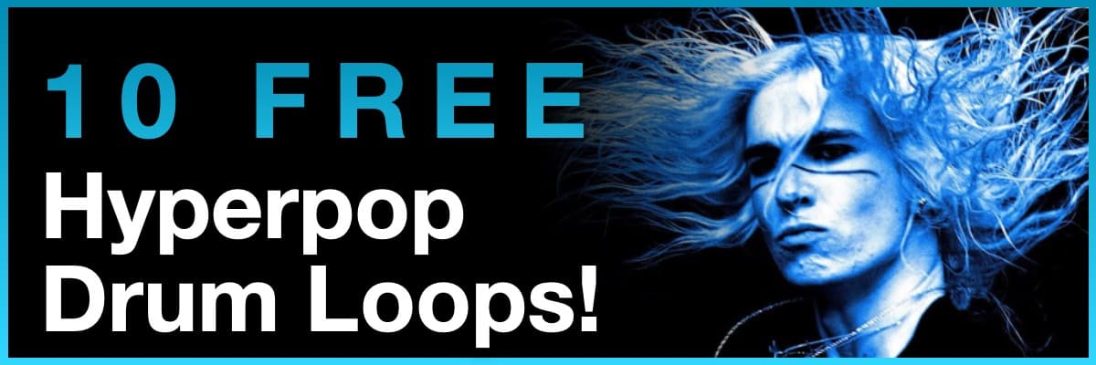10 Free Hyperpop Drum Loops banner featuring 2hollis with blue-tinted hair