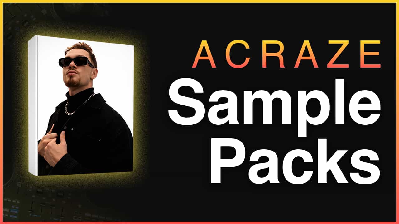Acraze Sample Packs banner featuring the artist portrait on a product box
