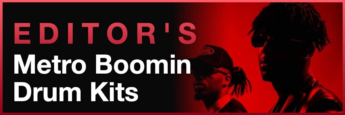 Editor’s Metro Boomin drum kits banner with red-lit artist portraits