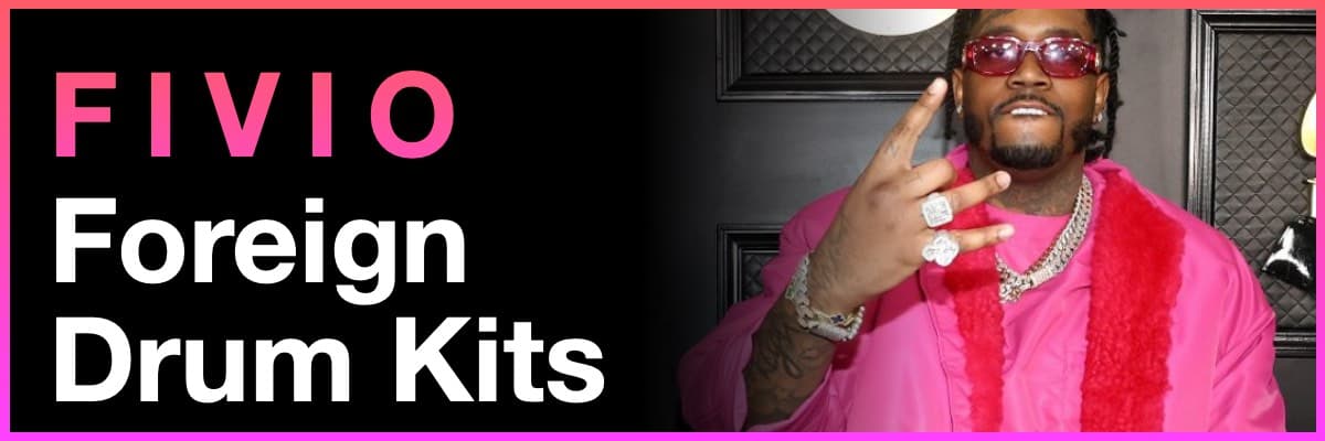 Fivio Foreign Drum Kits banner featuring the rapper wearing pink sunglasses