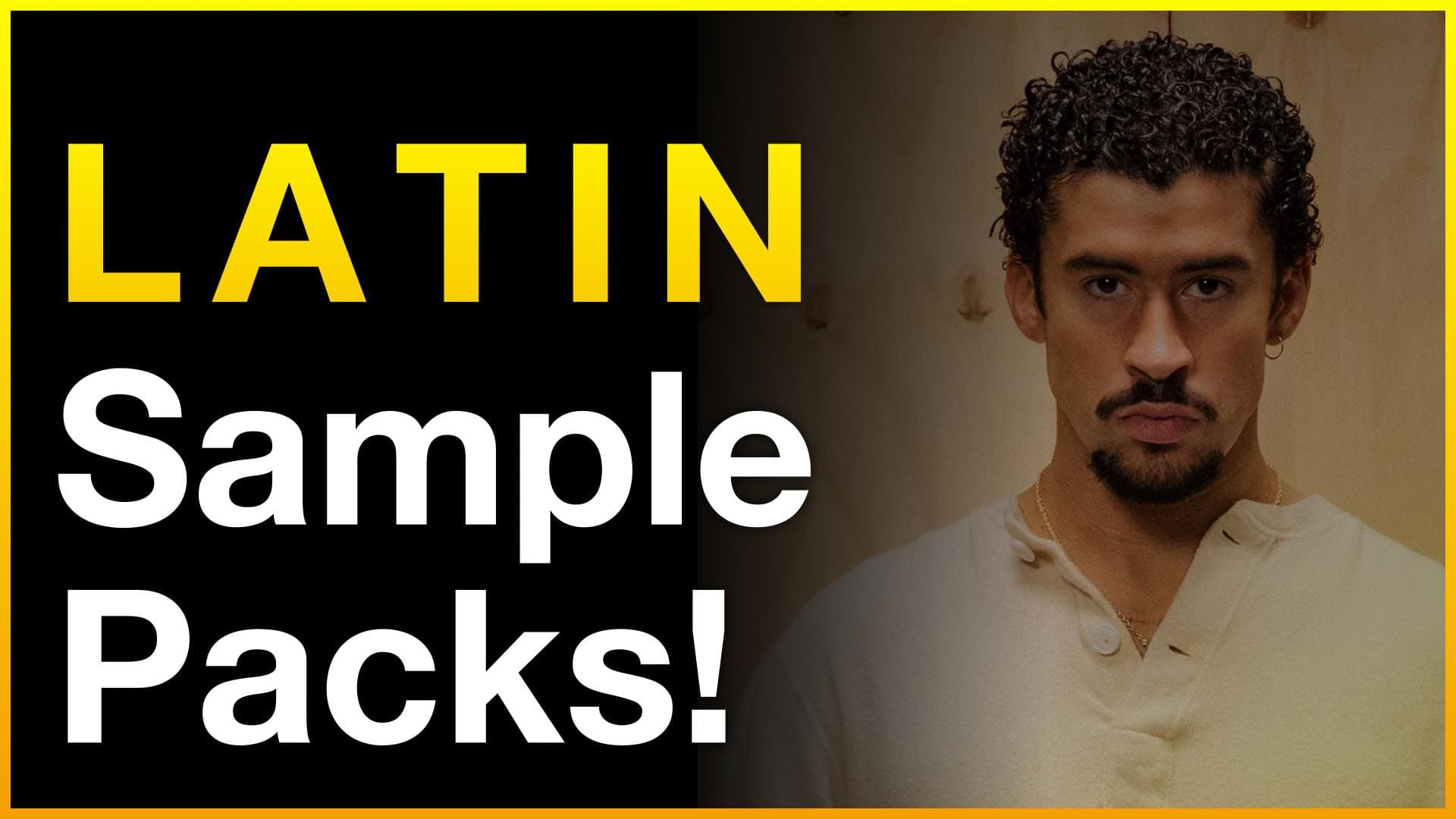 Latin sample packs banner with bold yellow text and artist portrait