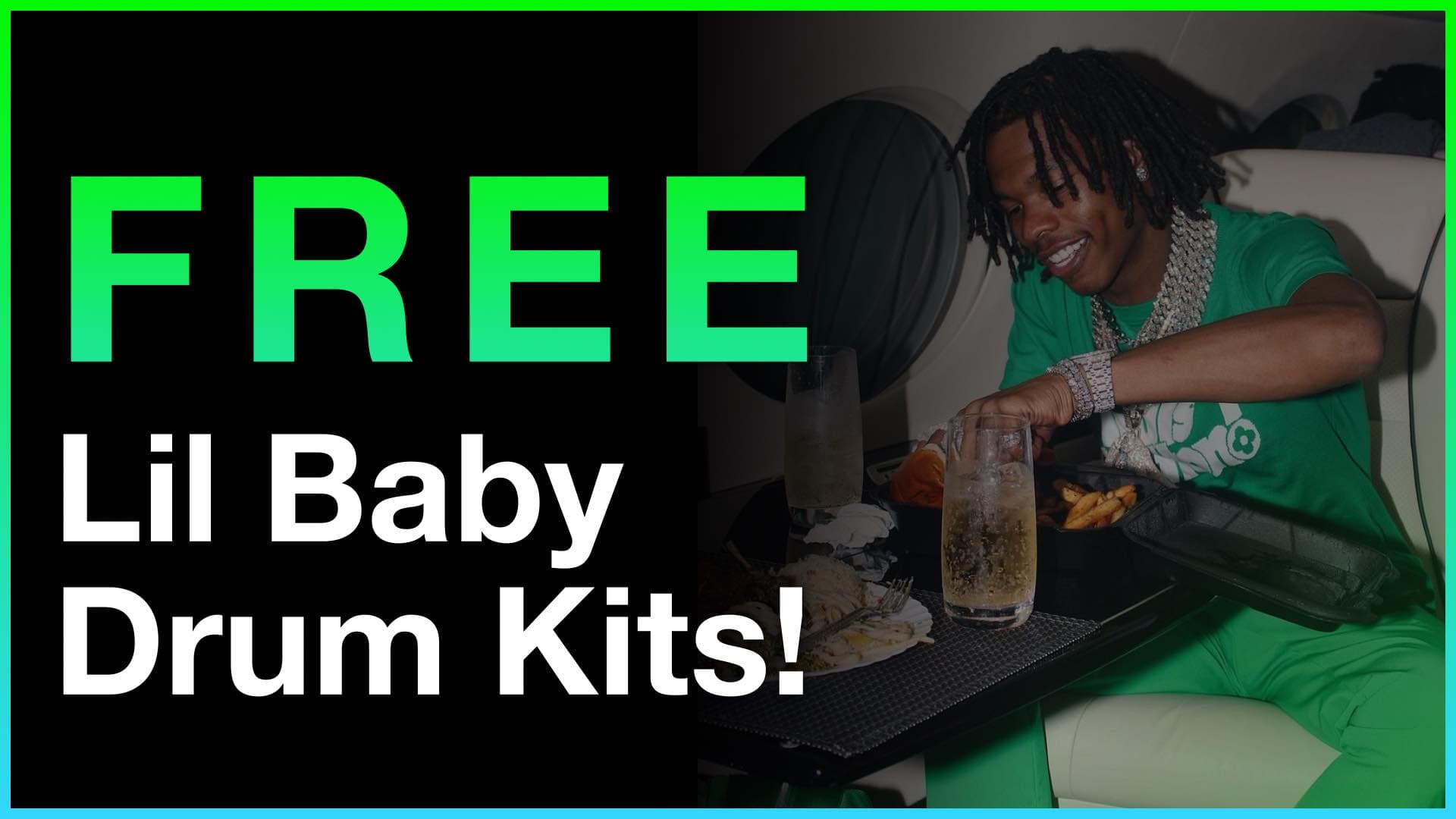 Free Lil Baby Drum Kits banner featuring the rapper relaxing on a private jet