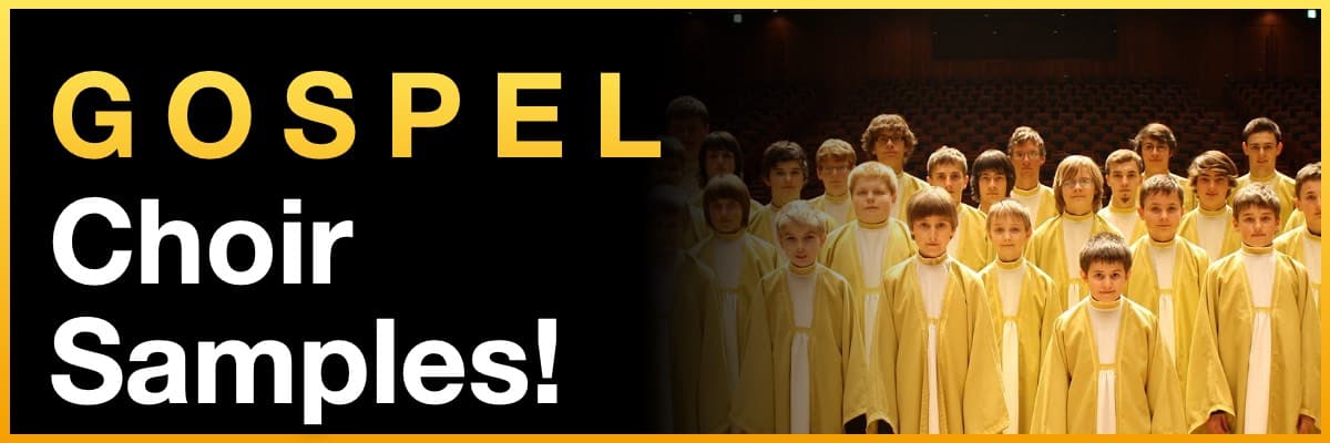 Gospel Choir Samples! banner featuring a youth choir in yellow robes