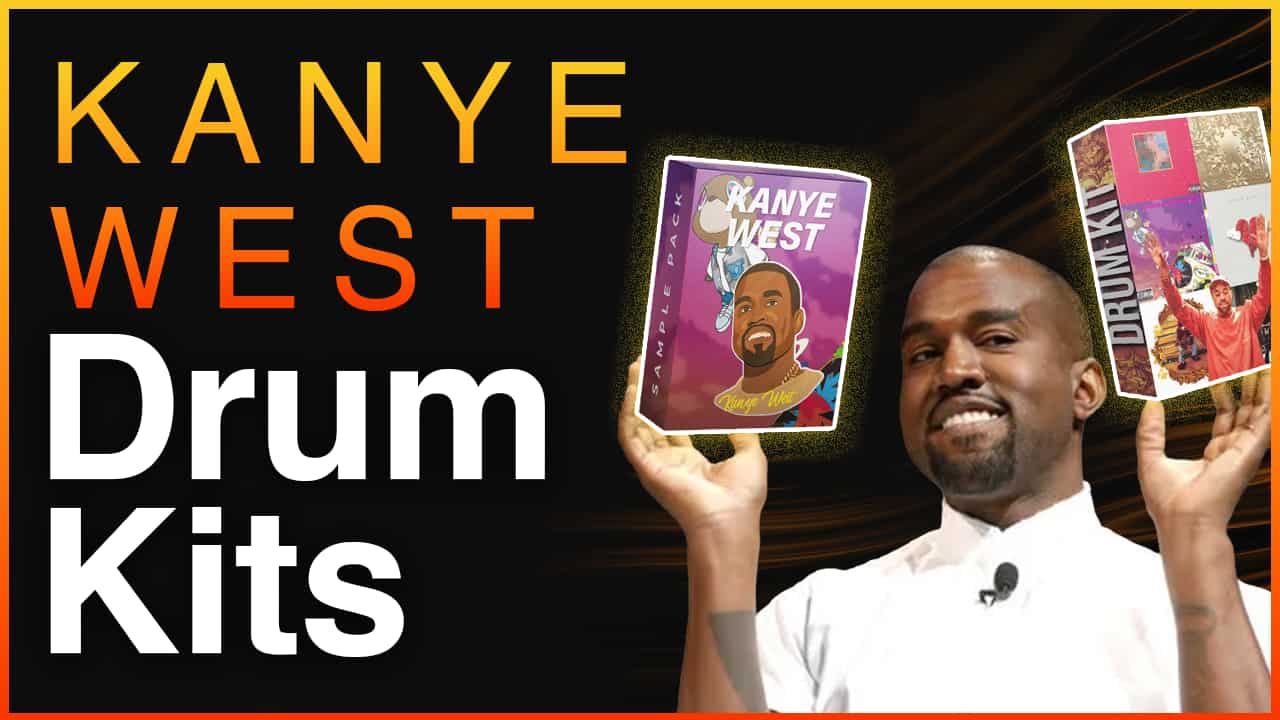Kanye West Drum Kits banner featuring the artist holding product box illustrations