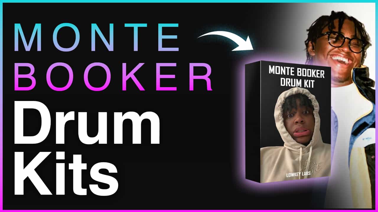 Monte Booker Drum Kits banner featuring a Lowkey Labs product box mockup