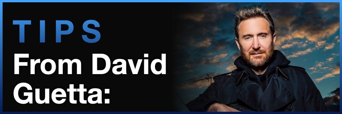 Banner featuring music production tips from David Guetta with his portrait