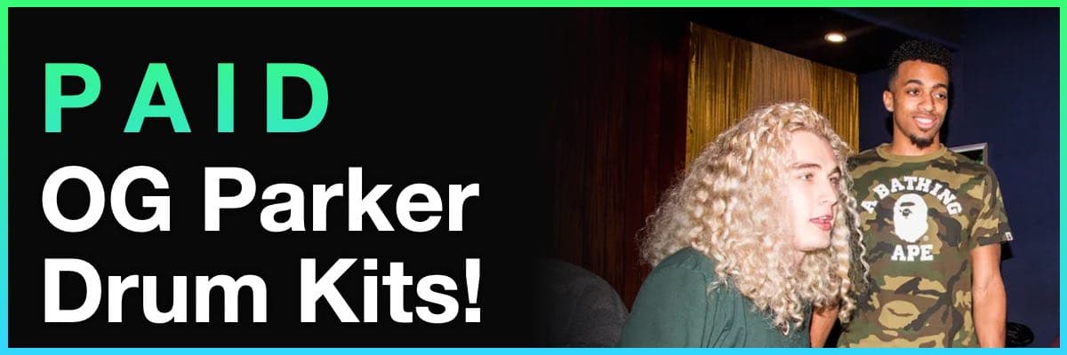 Paid OG Parker Drum Kits banner featuring the producer in a studio